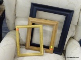SET OF PICTURE FRAMES; THIS LOT INCLUDES 3 PICTURE FRAMES (NO GLASS). ONE IS BLACK, ONE IS WOOD AND