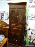 BERNHARDT DARK STAINED STORAGE/BAR CABINET; CROWN MOLDED TOP OVER PAIR OF BOWED TOP GLASS FRONT