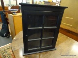 BLACK GLASS-FRONT HANGING CABINET; FACTORY PAINTED, SINGLE DOOR WITH GRID OVERLAY, 2 INTERIOR