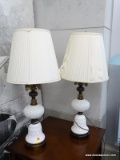 FEDERAL STYLE MILK GLASS TABLE LAMPS; MATCHING PAIR, BOTH HAVE ROUND CENTER PORTIONS OVER BELL