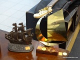 SHIP FIGURINES; 2 TOTAL PIECES, ONE IS CONTEMPORARY WITH BRASS SAILS AND MARBLE BASE AND SAYS 