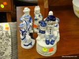 LOT OF BLUE AND WHITE FIGURINES; 5 PORCELAIN FIGURINES IN BLUE AND WHITE. 1 IS OF A BOY WITH TEDDY