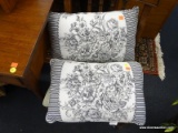 PAIR OF WHITE AND BLACK FLORAL AND STRIPED PILLOWS; ACCENT PILLOWS WITH CLASS AND STYLE. FLORAL