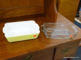 SMALL CASSEROLE DISHES; 2 TOTAL PIECES. BOTH GLASS. ONE IS A 1 QT RECTANGULAR CLEAR GLASS DISH BY