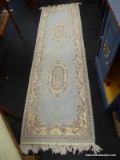 PALE BLUE DEEP PILE FRINGED HALLWAY RUNNER RUG; VERY LIGHT BLUE WITH PASTEL BORDER AND CENTER