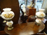 PAIR OF FLORAL GLASS VINTAGE TABLE LAMPS; TOTAL OF 2 PIECE, NOT MATCHING. 1 IS 21 IN TALL WITH A