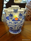 CHINESE CERAMIC TULIPIERE; WHITE AND COBALT BLUE PAINTED MULTI-HOLE VASE DESIGNED TO HOLD FLOWERS