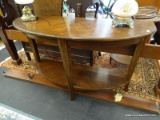 CONTEMPORARY DEMILUNE CONSOLE TABLE; BANDED INLAY PATTERNED TOP, 3 SQUARE TAPER LEGS, AND