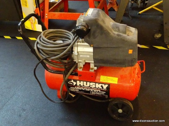HUSKY AIR COMPRESSOR; 8 GALLON AIR COMPRESSOR BY HUSKY (THE TOUGHEST NAME IN TOOLS). RED AND BLACK