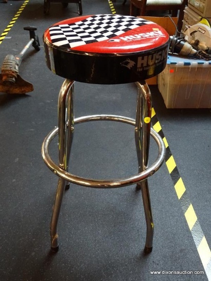 HUSKY STOOL; VINTAGE HUSKY BAR SHOP STOOL CUSHION SEAT WITH CHROME LEGS. MEASURES 16 IN X 28 IN.