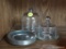 GLASS DOMED PLATES AND COASTERS LOT; INCLUDES 2 SMALL GLASS PLATES WITH DOMES (1 IS ETCHED). THESE