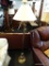 BRONZE COLORED FLOOR LAMP WITH CREAM COLORED LINEN FAN-SHAPED LAMPSHADE; JOINTED ADJUSTABLE ARM AT