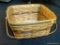 LONGABERGER BASKET; SQUARE DOUBLE HANDLED BASKET WITH PLASTIC LINER AND RED AND GREEN BANDED TRIM.