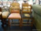 SET OF 4 DINING CHAIRS; HAVE PRESSED AND LADDER BACKS AND FLORAL CROSS-STITCH UPHOLSTERED SEATS.