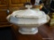 HANDMADE SOUP TUREEN; CREAM COLORED DOUBLE HANDLED SOUP TUREEN WITH LIGHT BROWN BAMBOO DETAILING AND