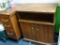 (BACK) VINTAGE WOOD GRAIN TV STAND; WOODGRAIN TV STAND WITH OPEN AREA FOR CABLE BOX, TWO FRONT