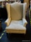 (BACK) WINGBACK CHAIR; WHITE UPHOLSTERY WITH BLUE FLORAL PATTERN, OVERSTUFFED DOWN FEATHER SEAT