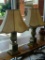 (WIN) MARBLE TABLE LAMPS; TOTAL OF 2, GREEN IN COLOR WITH BEIGE LAMPSHADES. VERY HEAVY SOLID MARBLE,