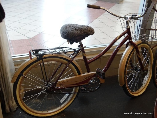 WOMEN'S HUFFY CRANBROOK BEACH CRUISER; BURGUNDY AND CHAMPAGNE COLORED HUFFY CRANBROOK BEACH CRUISER.