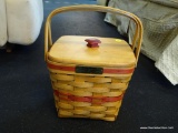 LONGABERGER BASKET; SQUARE DOUBLE HANDLED BASKET, STAMPED WITH MARK ON UNDERSIDE AND SIGNED/DATED