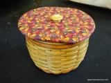 LONGABERGER BASKET; ROUND LIDDED BASKET IN FALL/AUTUMN COLORS, WITH EXTRA FABRIC TO MAKE ADDITIONAL