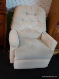 CREAM COLORED PLUSH RECLINER; BUTTON TUFTED BACK, SUPER PLUSH, ALMOST VELVET-LIKE UPHOLSTERY WITH