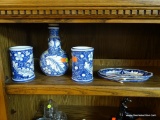 SHELF LOT OF ITEMS; INCLUDES 5 BLUE AND WHITE PORCELAIN PIECES BY CHAMBERS. MADE IN ITALY. PIECES
