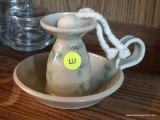 GLAZED POTTERY CANDLESTICK WITH WICK; TAN GLAZED SINGLE LOOP HANDLED CANDLE HOLDER WITH ROPE WICK