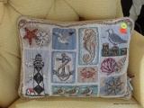 BEACH THEMED ACCENT PILLOW; MADE BY RIVERDALE DECORATIVE PRODUCTS, STITCHED IN A COLLAGE PATTERN OF