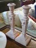 CERAMIC CANDLESTICKS; TERRA COTTA COLORED, TOTAL OF 2. GRECIAN STYLE WITH SQUARE BASES, EACH