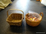 LONGABERGER BASKET LOT; INCLUDES 2 BASKETS. A SMALL 7 IN DIAMETER X 3.5 IN TALL ROUND WITH DOUBLE
