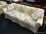 LANE HICKORY TAVERN VINTAGE SOFA; CREAM COLORED LINEN LIKE FABRIC UPHOLSTERY WITH A FLORAL PATTERN
