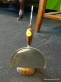 SMALL METAL CRUMBER/DUSTPAN ON STAND WITH WOODEN BASE; CUTE ACCENT PIECE WITH CLASS AND FUNCTION.
