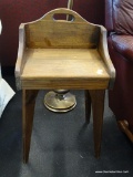 VINTAGE WOODEN ACCENT TABLE WITH HANDLE; 3/4 GALLERY EDGE WITH HANDLE CARVED INTO BACKSPLASH RAIL,