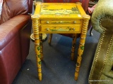 WOODEN ACCENT TABLE WITH PAINTED SCENES; RECTANGULAR TABLE WITH ROUND CORNERS AND LEGS, AND 2