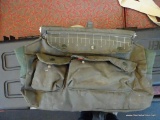 GREEN MILITARY-ISSUE AMMO BAG; MEASURES 16.5 IN X 8.5 IN. INCLUDES CONTENTS SUCH AS ASSORTED VINTAGE