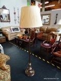 BRONZE COLORED FLOOR LAMP WITH CREAM COLORED PLEATED LAMPSHADE; JOINTED ADJUSTABLE ARM TO MOVE THE