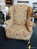 VINTAGE WINGBACK CHAIR; TAN UPHOLSTERY WITH OLIVE GREEN AND MAROON FLORAL PATTERN, CLASSIC WINGBACK