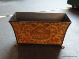 PATTERNED METAL FOOTED PLANTER; RECTANGULAR SHAPED WITH FLARED TOP AND LIONS HEAD KNOCKER LOOPS ON