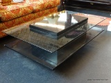 CONTEMPORARY GLASS TOP TIERED COFFEE TABLE; RECTANGULAR CENTER POST WITH GLASS TOP, AND BLACK