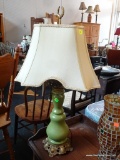 VINTAGE GREEN LAMP; WITH WREATH FINIAL, BEIGE RECTANGULAR LAMP SHADE WITH EMBROIDERED TRIM, GREEN