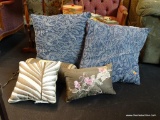 LOT OF DECORATIVE PILLOWS; INCLUDES 2 BLUE AND GRAY LARGE PAISLEY PATTERN PILLOWS, A CYLINDRICAL