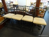 METAL AND UPHOLSTERED BAR CHAIRS; HAVE O SHAPED CRESTS AND A X THEMED BACKS WITH STRIPED UPHOLSTERED