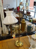 STUDENTS LAMP; ANTIQUE KLEEMAN BRASS STUDENTS OIL LAMP WITH MILK GLASS SHADE AND CHIMNEY. MEASURES