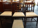 SET OF 3 DINING CHAIRS; 3 BANDED INLAY CRESTS, SQUARE BACK AND UPHOLSTERED SEAT SIDE DINING CHAIRS.