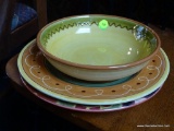 3 PIECE LOT; MADE IN PORTUGAL BOWL GREEN, YELLOW, AND BROWN BOWL WITH LIGHT ORANGE RIM. MEASURES 9
