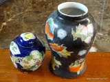 2 GINGER JARS; 1 IS A BLUE AND WHITE FLORAL AND PORTRAIT PAINTED GINGER JAR AND 1 IS BLACK AND