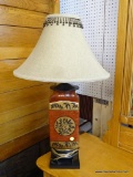 BAMBOO DETAILED LAMP; BROWN AND TAN BAMBOO DETAILED LAMP WITH BELL SHAPED SHADE WITH BEADED