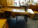 ANTIQUE SEWING MACHINE WITH CONSOLE TABLE; BEAUTIFUL WOODEN CONSOLE TABLE WITH WORKING TRUNDLE BASE.