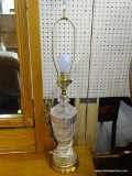 GLASS TABLE LAMP; THIS TABLE LAMP HAS AN URN SHAPED GLASS BODY WITH DIAMOND PATTERN AND FAN
